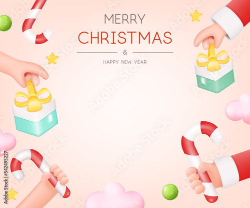 Christmas Greeting Card with Santa Claus Hand Holding Gift Box and Candy Cane. Human Arm Giving Present. Place for Text. Vector 3d Illustration