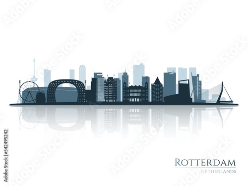 Rotterdam skyline silhouette with reflection. Landscape Rotterdam, Netherlands. Vector illustration.