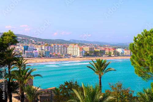 Peniscola Costa del Azahar Spain town and sea view with palm trees