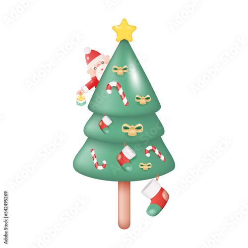 3D Decorated Christmas Tree with Santa Claus. Vector Illustration Isolated on White Background