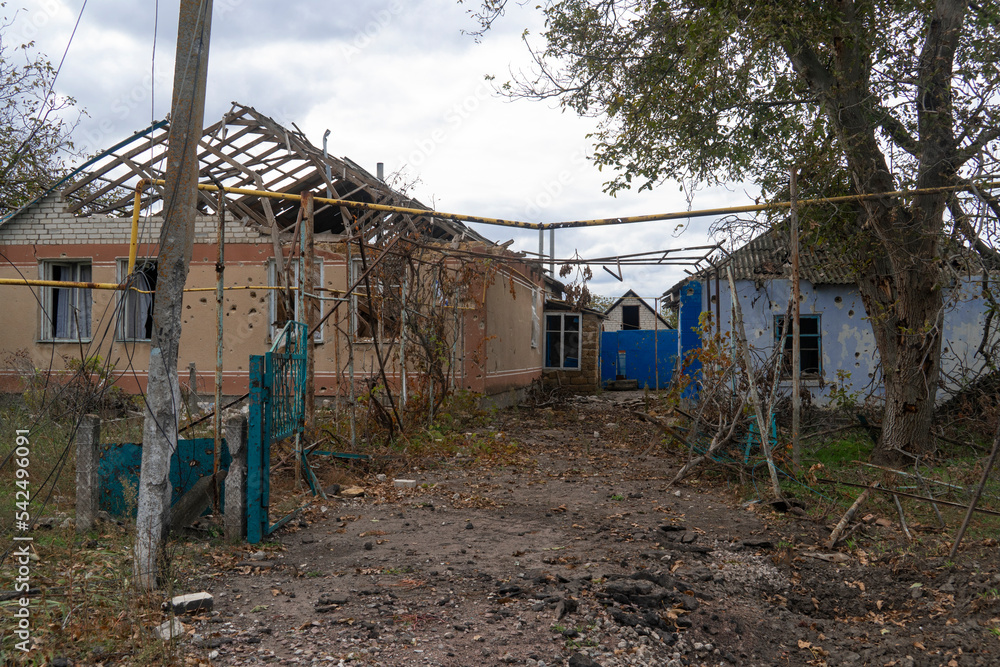 War in Ukraine. 2022 Russian invasion of Ukraine. Countryside. House destroyed by shelling. Destruction of infrastructure. Terror of the civilian population. War crimes War in Ukraine. 2022 Russian invasion of Ukraine. Countryside. House destroyed by shelling. Destruction of infrastructure. Terror of the civilian population. War crimes