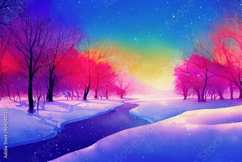 Winter landscape with trees and snow. Winter fairytale. Christmas. Nativity. Xmas. Noel. Yule