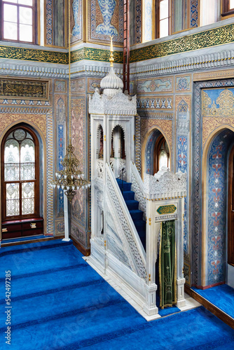 Minbar of Pertevniyal Valide Sultan Mosque in Laleli, Istanbul, Turkey (Turkiye). Ottoman mosque in gothic style. Art or architecture concept