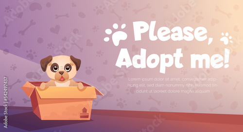 Adopt me poster with cute dog in cardboard box. Colorful vector banner template with cartoon illustration of funny puppy pug for adoption concept.