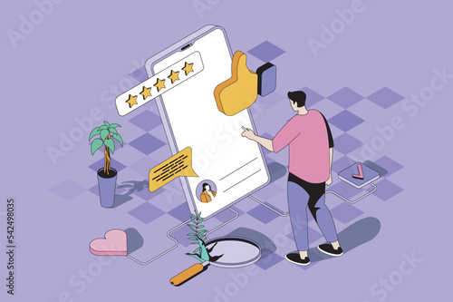 Best feedback web concept in 3d isometric design. Man evaluates quality of service and leaves comment with customer experience using mobile app. Vector web illustration with people isometry scene