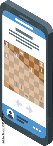 Smartphone online chess icon isometric vector. Game board. Queen story