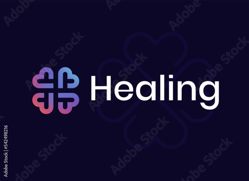 Abstract gradient iridescent gallographic clover logo four leaves heart shape, eco icon.  Pharmacy sign ecological business company, symbol nature. Simple clean vector herbal logotyp.