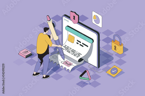 Electronic contract web concept in 3d isometric design. Man signing legal document in online form with digital signature on smartphone or laptop. Vector web illustration with people isometry scene
