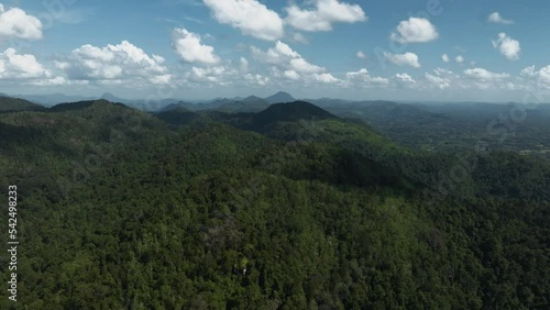 Hyperlapse (Timelapse with camera moving), drone moves forward, there are a lot of clouds moving fast in top of a green jungle, can see movement of the trees when it gets close photo