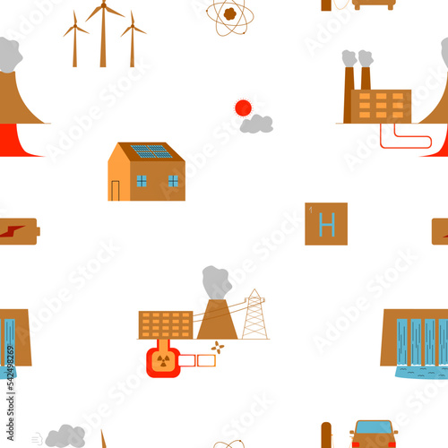 Seamless pattern with renewable energy elements. The energy of the sun, wind, water, earth and atom. Flat style. Vector.