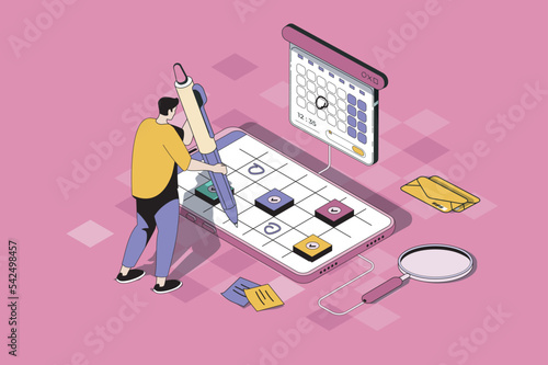 Mobile organizer web concept in 3d isometric design. Man marks meetings in calendar, writes notes and sets reminders, plans time and tasks in app. Vector web illustration with people isometry scene