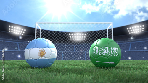Two soccer balls in flags colors on stadium bright blurred background. Argentina and Saudi Arabia. 3d image photo