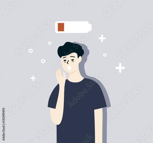 Sleepy Tired man yawning with low battery above head. Burnout, healthcare, insomnia health problem concept. Flat cartoon vector design illustration.
