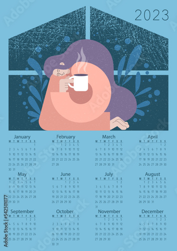 Vector. Calendar 2023. Flat style. Girl drinks coffee or tea in the morning by the window. Home, comfort, plants.