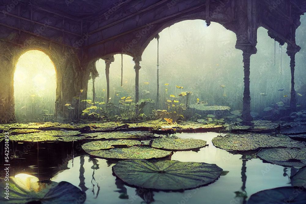 Surreal room with water liiy garden ponds on the floor and forest clouds inside climate change environment concept.