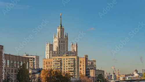 City landscape with high-rise building on Kotelnicheskaya Embankment. Moscow, Russia.