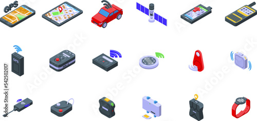 GPS tracker icons set isometric vector. Car app. Phone city