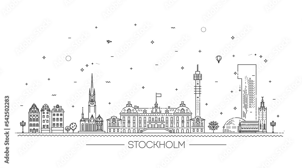 Stockholm, Sweden. This illustration represents the city with its most notable buildings