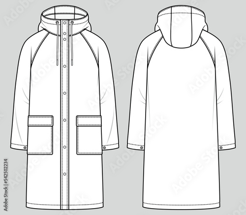 Men's hooded water-repellent jacket. Long raincoat. Fashion sketch. Flat technical drawing. Vector illustration.