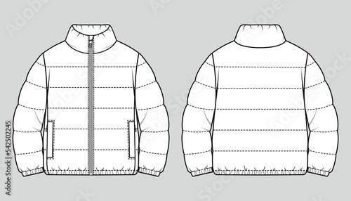 Padded puffer down jacket. Oversized winter quilting coat. Vector technical sketch. Mockup template. photo