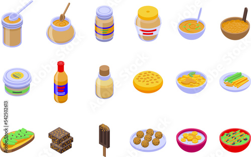 Tahini icons set isometric vector. Cuisine food. Greek bread