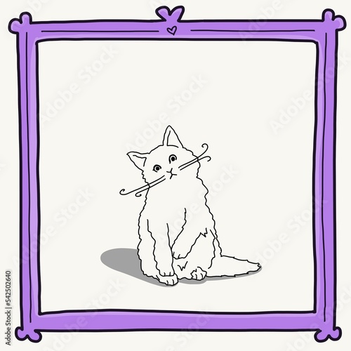 Cartoon inspired pet portrait illustration hand drawn long hair white cat design with head tilt whiskers and shadow within lilac purple frame