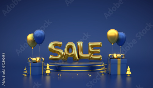 SALE banner. Golden Sale balloon word. Scene and 3D round platform on blue background. Pedestal with gift boxes with gold bow, metallic pine, spruce trees, festive helium balloons. Vector illustration