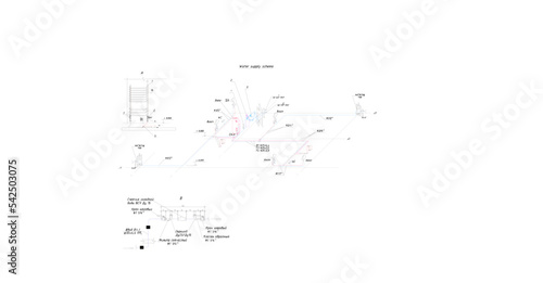 water supply and sewerage system in the house. Blueprint, isometric.