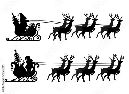 Santa Claus and gifts in sleigh with reindeer pulling the sleigh.