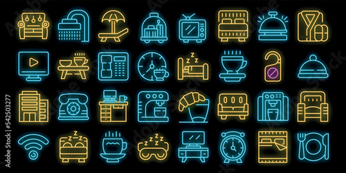 Coffee in bed icons set outline vector. Morning night. Relax breakfast neon color on black