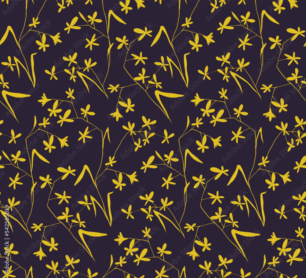 Seamless floral pattern, simple ditsy design with hand drawn flowers branches on purple background. Vintage botanical print with small flowers, thin branches, leaves in an abstract arrangement. Vector