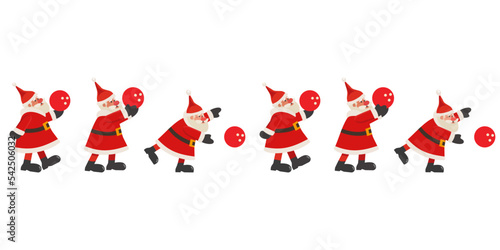 Santa Claus play bowling seamless border pattern. Comic hand drawn Santa, bowling ball cartoon design element illustration. Christmas eve festive party invitation background, card flyer frame template