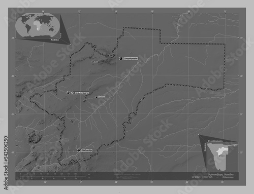 Otjozondjupa, Namibia. Grayscale. Labelled points of cities photo