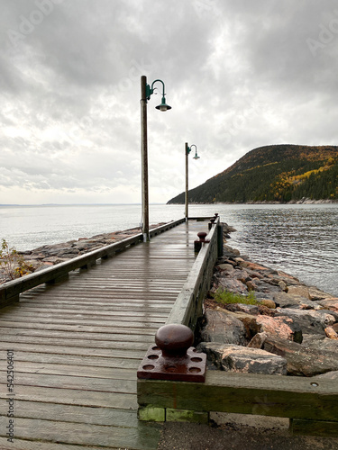 Lampadaires en rangée au bout d'un quai lors d'une journée nuageuse et grise. Berge d'un port, montagnes et vagues du fleuve au loin à l'horizon.