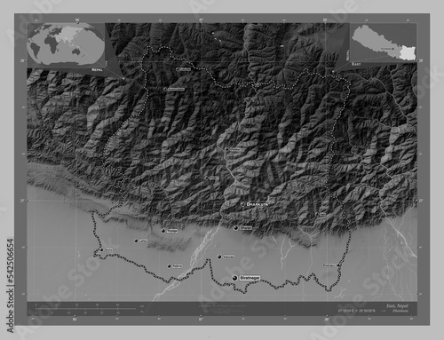 East, Nepal. Grayscale. Labelled points of cities photo