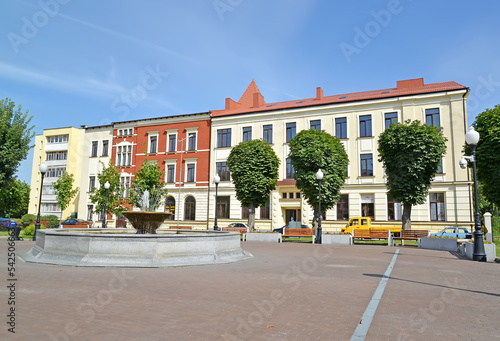 CHERNYAKHOVSK, RUSSIA - AUGUST 16, 2019: Fountain in the Central Square on a summer day. Kaliningrad region