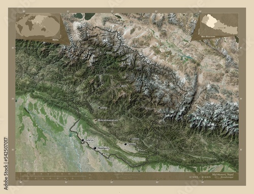 Mid-Western, Nepal. High-res satellite. Labelled points of cities photo