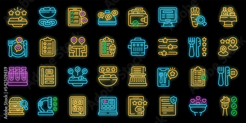 Food critic icons set outline vector. Restaurant food. Social review neon color on black