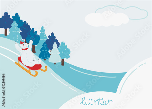 Illustration with a cute polar bear that is sledding. Winter snow landscape and winter activity. Seasonal background with place for text. Vector illustration in a flat style.
