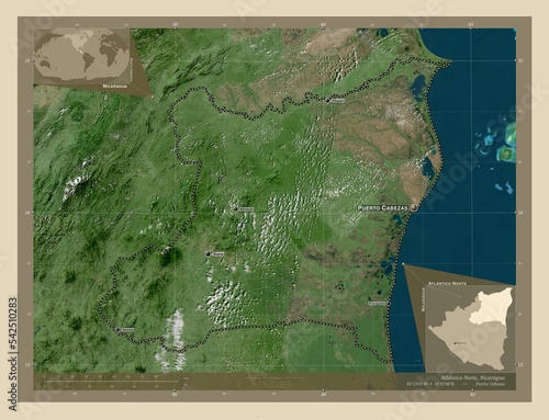 Atlantico Norte, Nicaragua. High-res satellite. Labelled points of cities photo