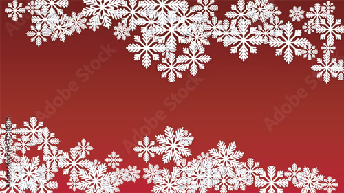 Christmas  Vector Background with Falling Snowflakes. Isolated on Red Background. Realistic Snow Sparkle Pattern. Snowfall Overlay Print. Winter Sky. Papercut Snowflakes.