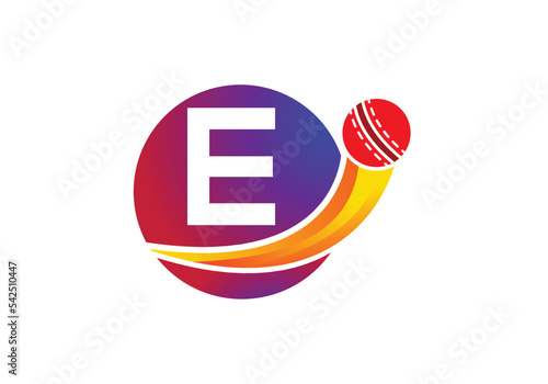 Letter E Cricket Logo Concept With Moving Cricket Ball Icon. Cricket Sports Logotype Symbol Vector Template Design.