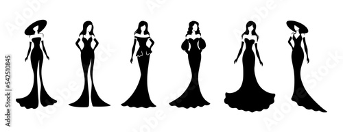 Set of fashion model. Silhouettes of beautiful women in dress. Vector illustration.