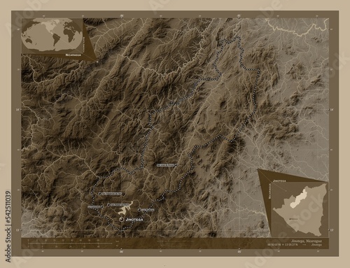 Jinotega, Nicaragua. Sepia. Labelled points of cities photo