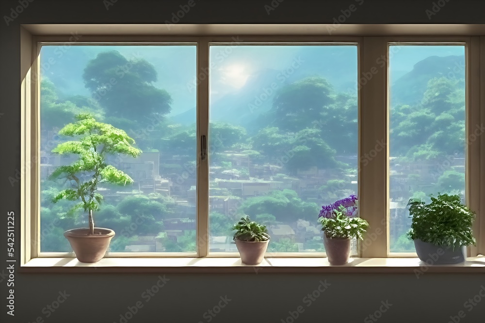 Fototapeta premium a window view of sky with green plant on window sill. indoor scene, cartoon, hand drawn, illustration, background.