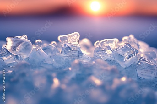 A detailed focus stacked macro shot of ice during sunset in iceland digital painting. ice texture  sunset light  nature  ice melt  rendering  illustration.