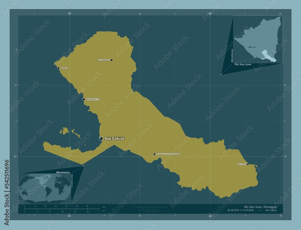 Rio San Juan, Nicaragua. Solid. Labelled points of cities Rio San Juan, Nicaragua. Solid. Labelled points of cities