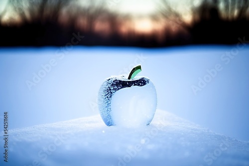 an  clear apple stand in snow floor with snowflakes. christmas eve, holiday celebration, closeup, rendering, illustration, photographic.