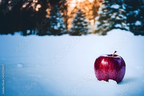 an  clear apple stand in snow floor with snowflakes. christmas eve, holiday celebration, closeup, rendering, illustration, photographic.