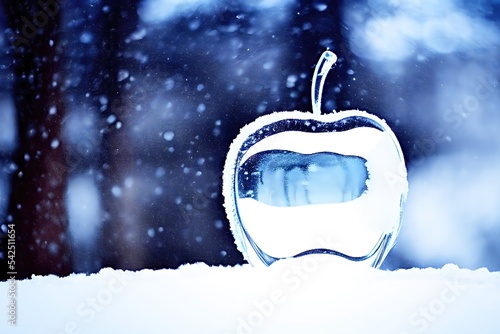 an  clear apple stand in snow floor with snowflakes. christmas eve, holiday celebration, closeup, rendering, illustration, photographic.